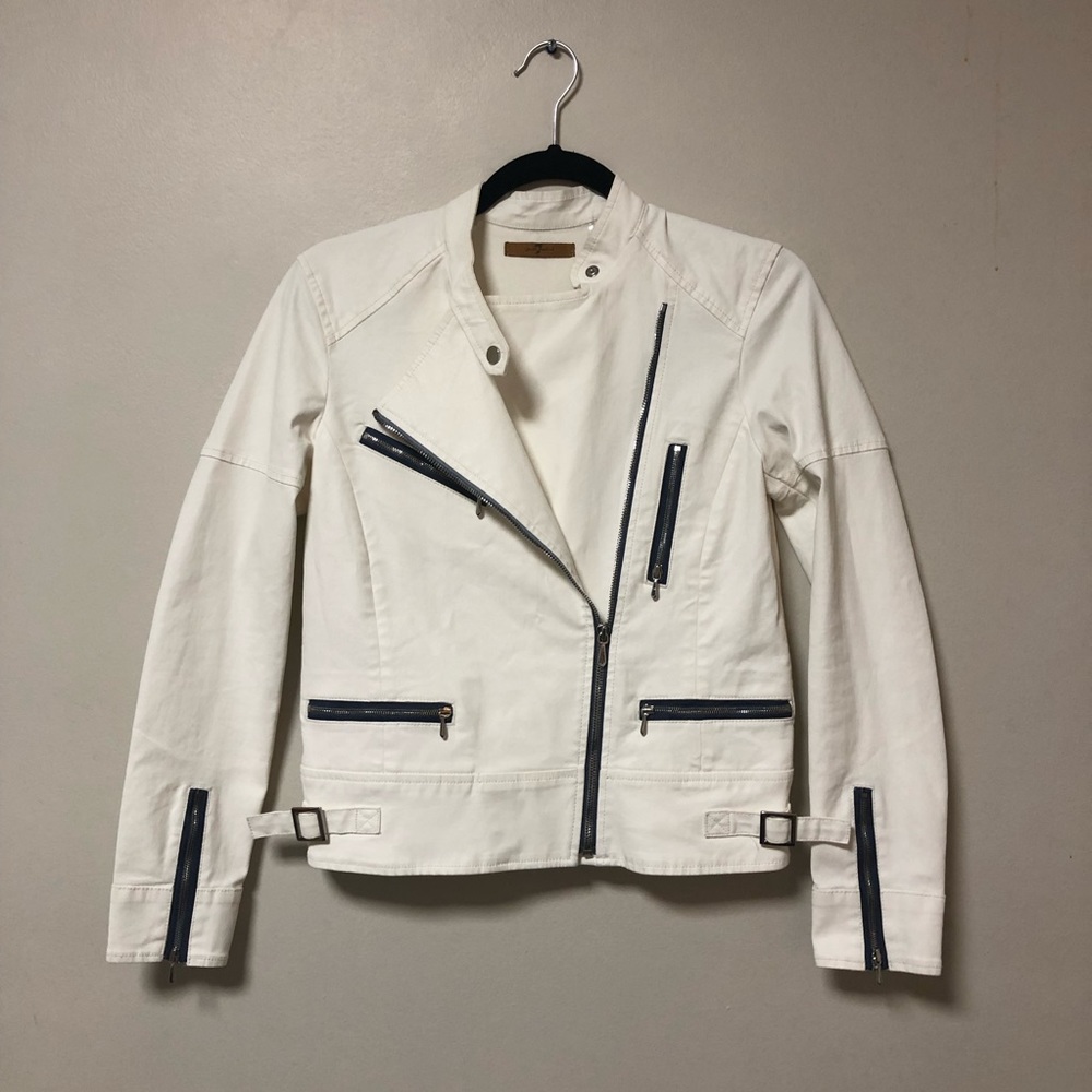 White Coated Denim Motorcycle Jacket - Picture 2 of 7